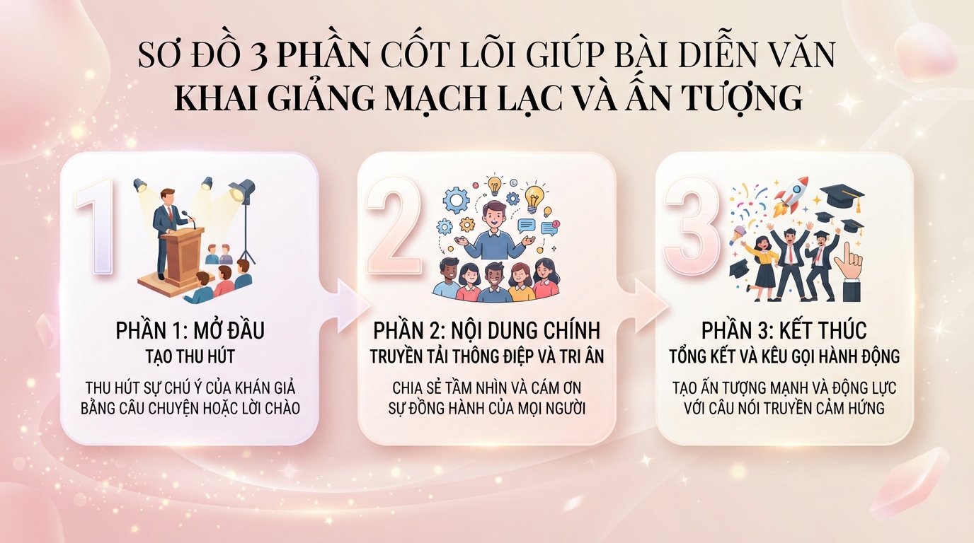 Sơ đồ 3 phần cốt lõi giúp bài diễn văn khai giảng mạch lạc và ấn tượng. Sơ đồ 3 phần cốt lõi giúp bài diễn văn khai giảng mạch lạc và ấn tượng
