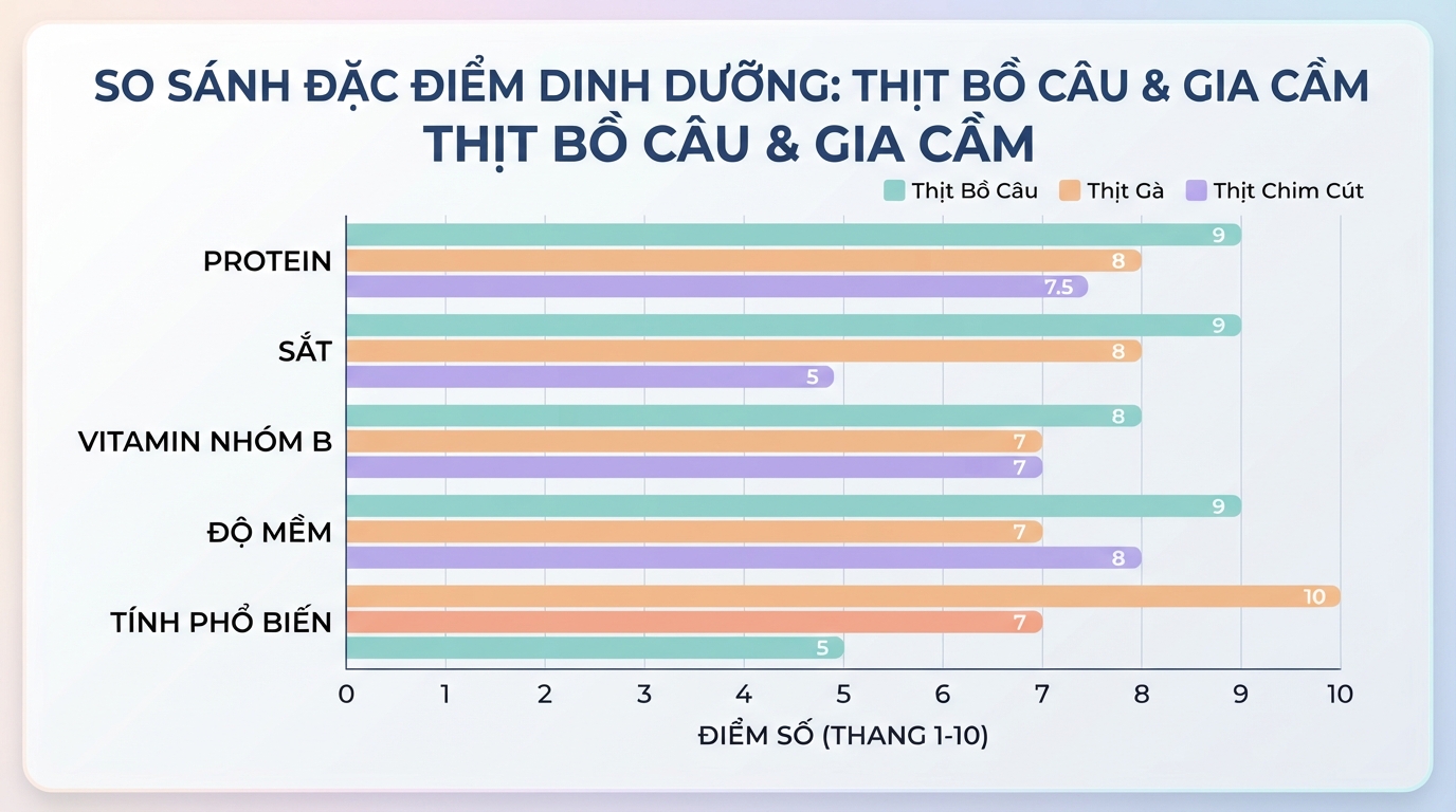 So sánh đặc điểm dinh dưỡng của bồ câu với các loại gia cầm giúp mẹ đa dạng thực đơn. So sánh đặc điểm dinh dưỡng của bồ câu với các loại gia cầm giúp mẹ đa dạng thực đơn.
