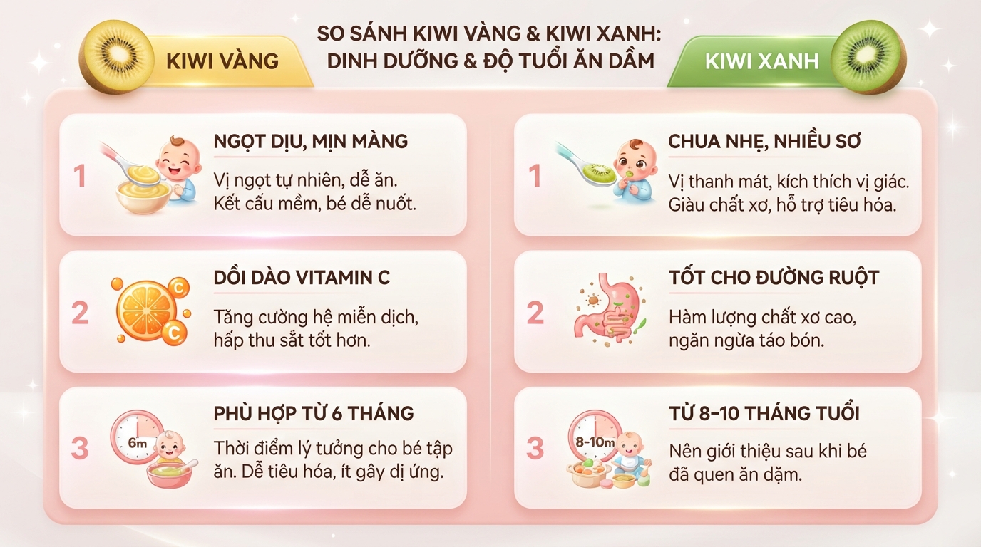 So sánh dinh dưỡng và độ tuổi phù hợp giữa hai loại kiwi vàng và kiwi xanh. So sánh dinh dưỡng và độ tuổi phù hợp giữa hai loại kiwi vàng và kiwi xanh.