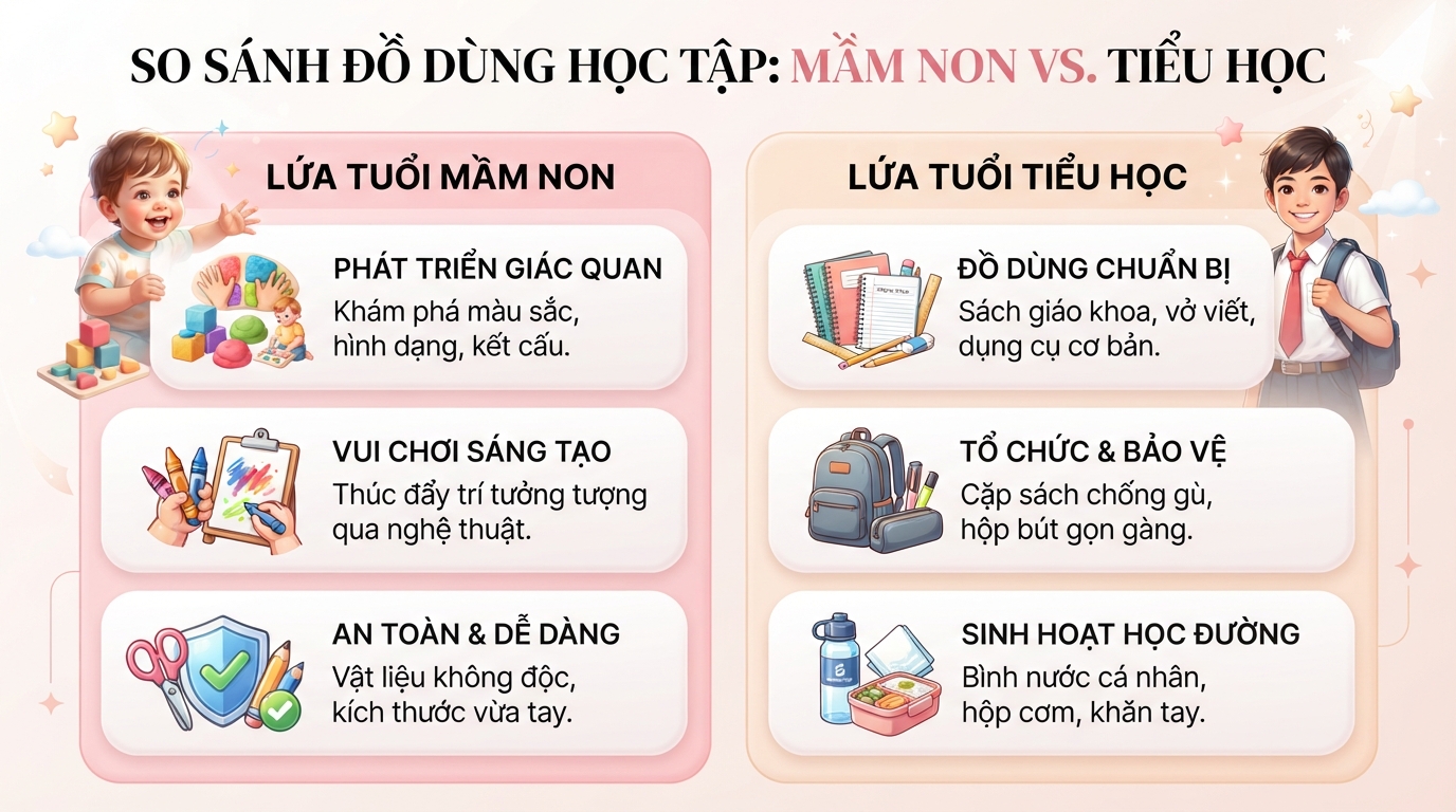 So sánh nhu cầu đồ dùng học tập giữa lứa tuổi mầm non và tiểu học