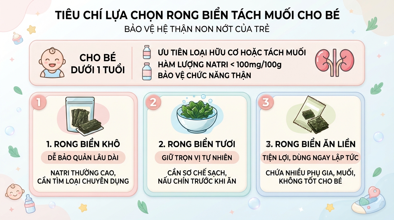Tiêu chí lựa chọn rong biển tách muối an toàn cho hệ thận non nớt của trẻ. Tiêu chí lựa chọn rong biển tách muối an toàn cho hệ thận non nớt của trẻ.