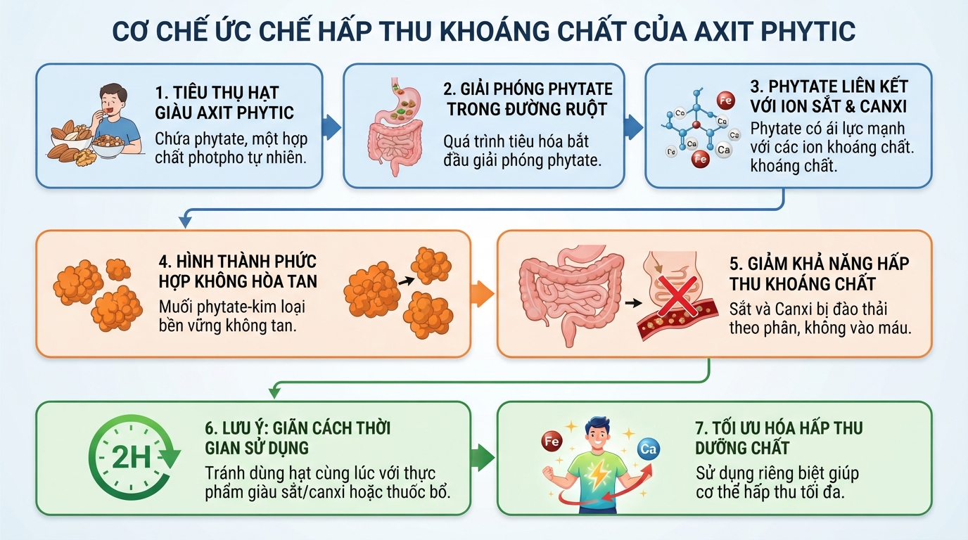 Axit phytic trong hạt gây cản trở hấp thu sắt và canxi nếu dùng chung.