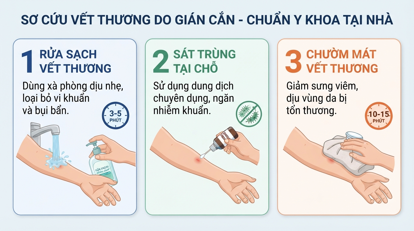 Ba bước sơ cứu chuẩn y khoa giúp sát trùng vết thương hiệu quả ngay tại nhà.
