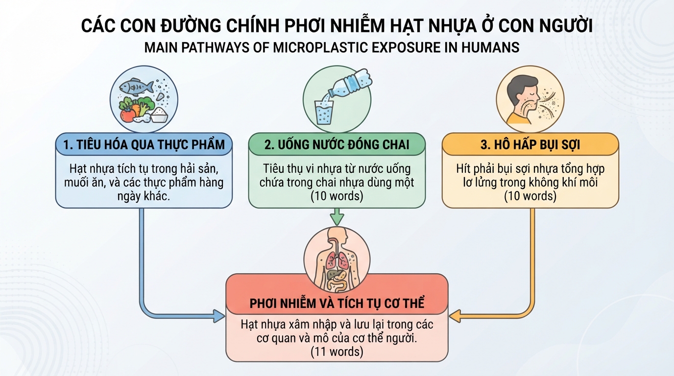 Ba con đường chính khiến con người phơi nhiễm hạt nhựa gồm tiêu hóa, hô hấp và uống nước.