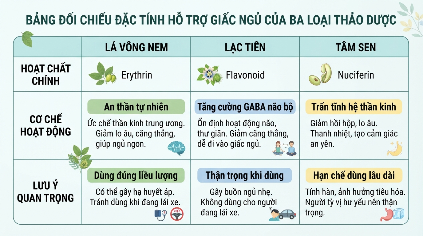 Bảng đối chiếu đặc tính hỗ trợ giấc ngủ của ba loại thảo dược.