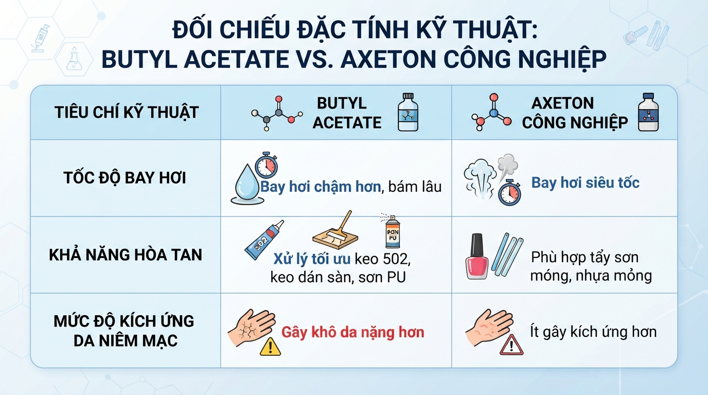Bảng đối chiếu đặc tính kỹ thuật giữa Butyl Acetate và Axeton công nghiệp.