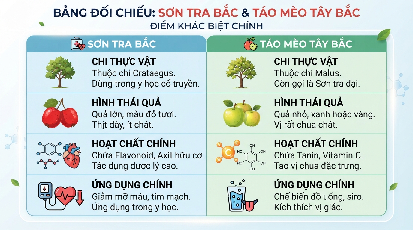 Bảng đối chiếu sự khác biệt giữa sơn tra bắc và táo mèo Tây Bắc.