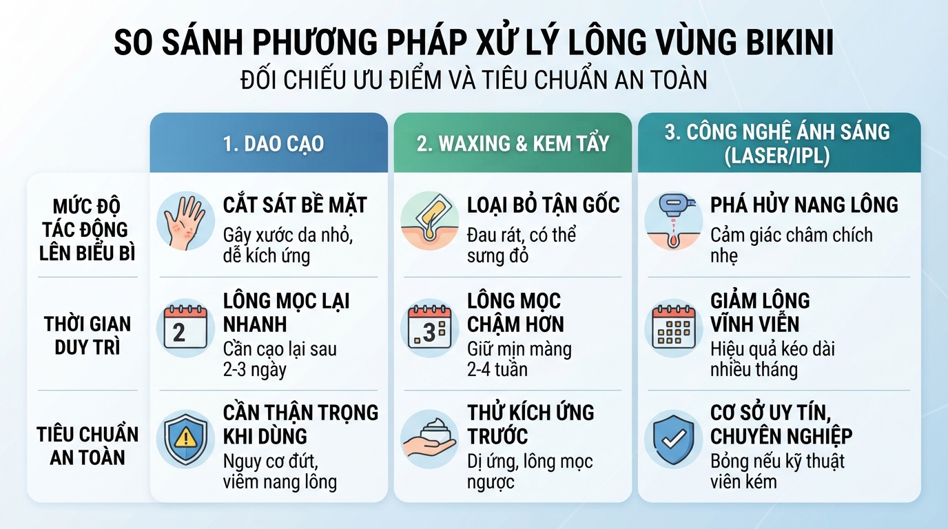 Bảng đối chiếu ưu nhược điểm của các phương pháp xử lý lông vùng bikini.