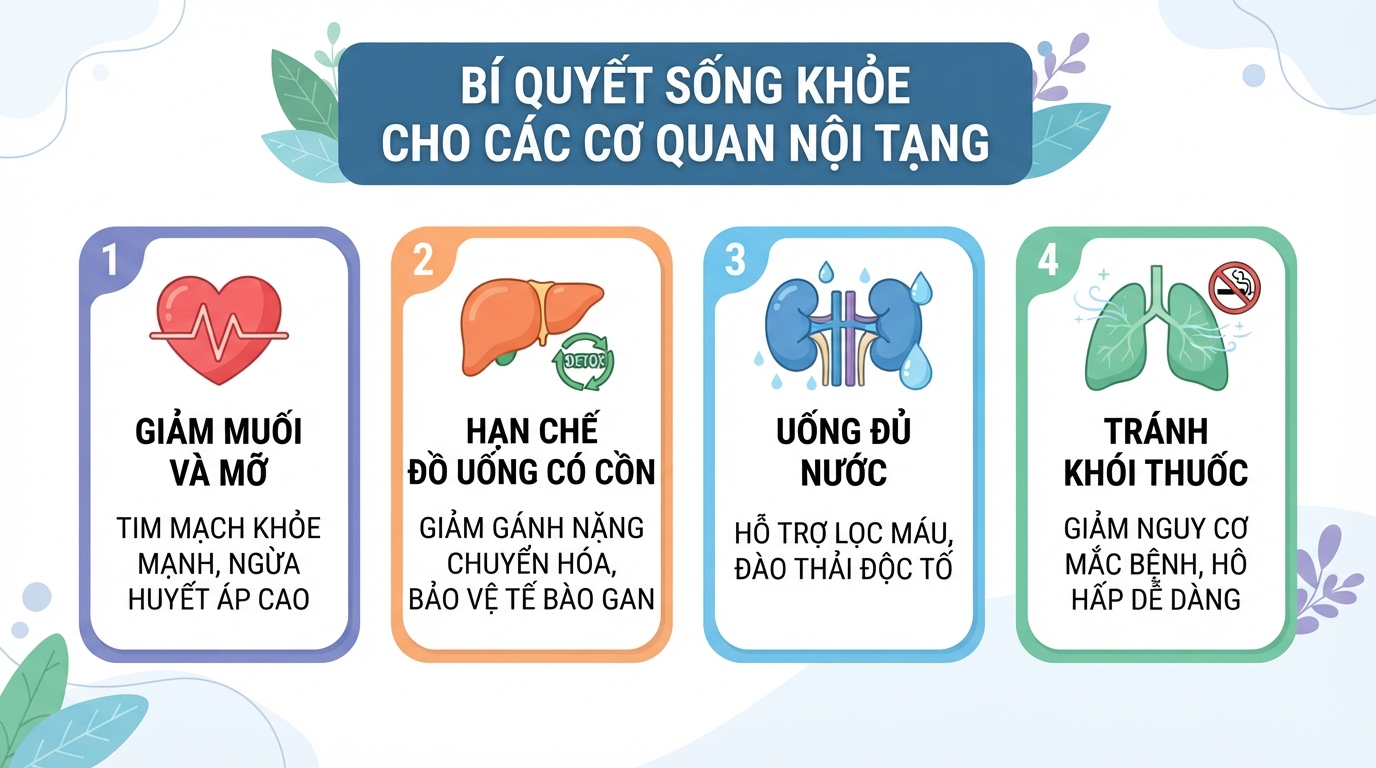 Bảng hướng dẫn lối sống khoa học nhằm duy trì sức khỏe cho các cơ quan nội tạng.