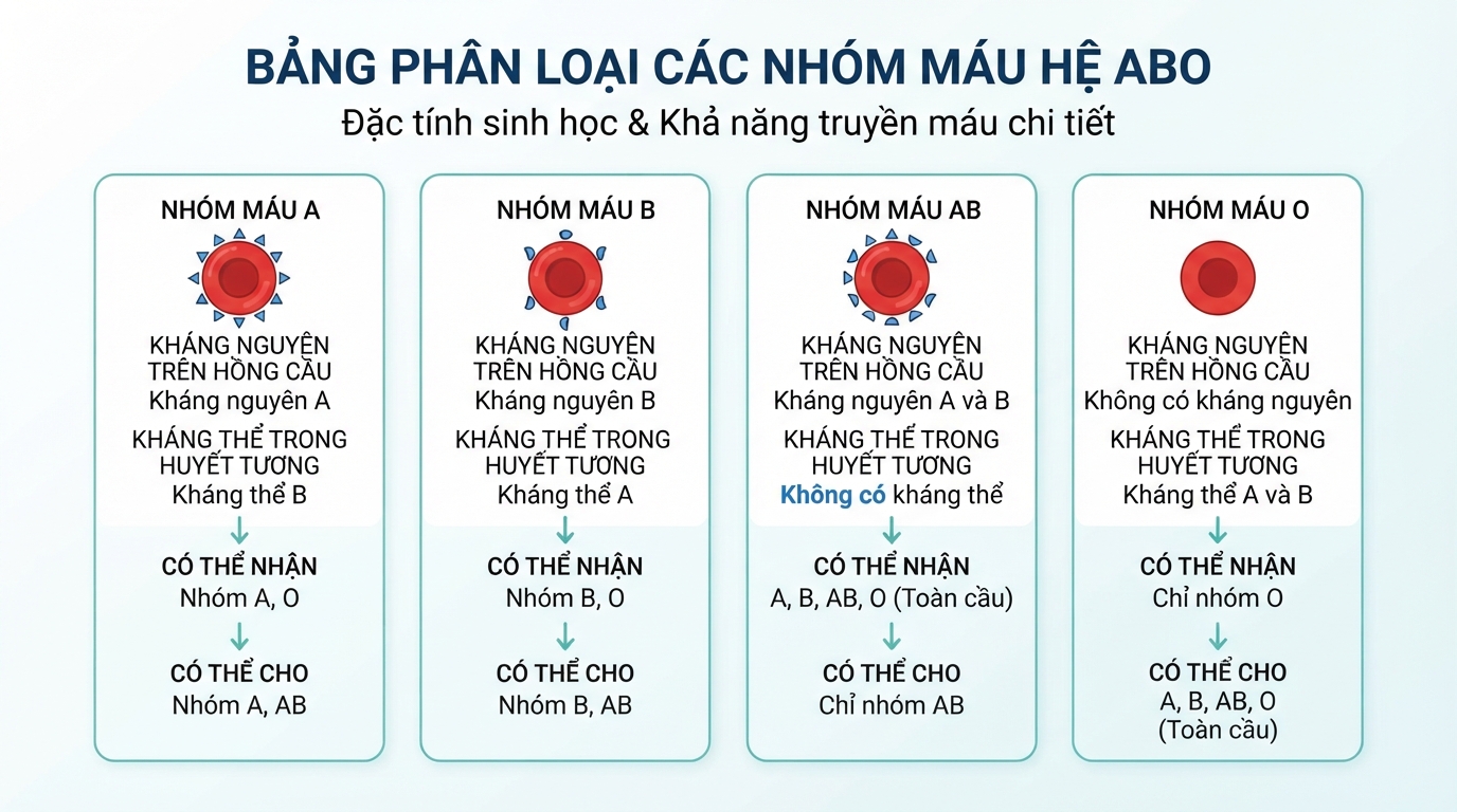 Bảng phân loại đặc tính sinh học của bốn nhóm máu chính trong hệ ABO.