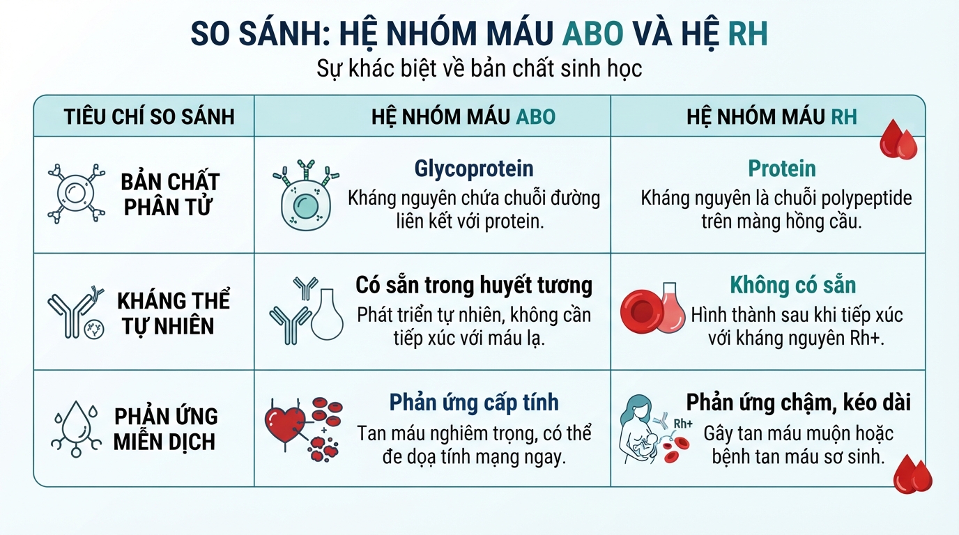 Bảng so sánh bản chất sinh học khác biệt giữa hệ nhóm máu ABO và hệ Rh.