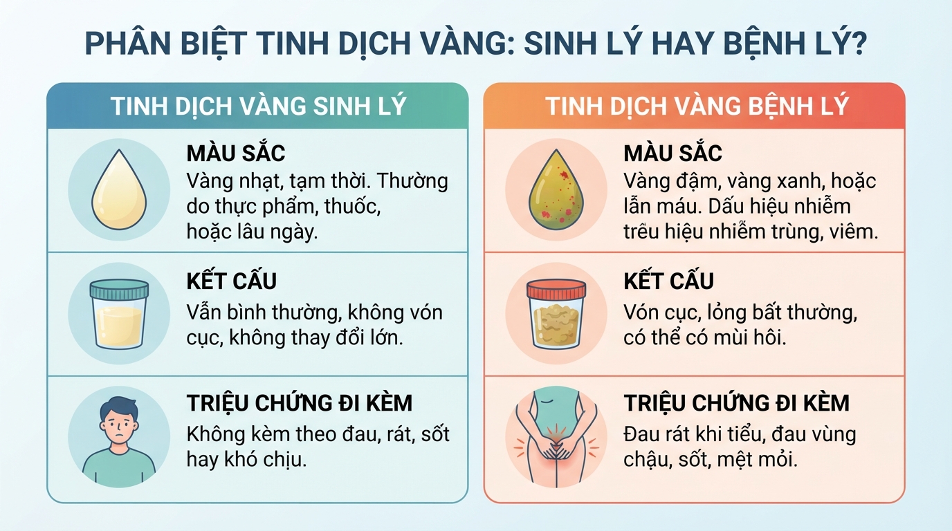 Bảng so sánh đặc điểm giữa tinh dịch vàng do sinh lý và dấu hiệu bệnh lý nguy hiểm.