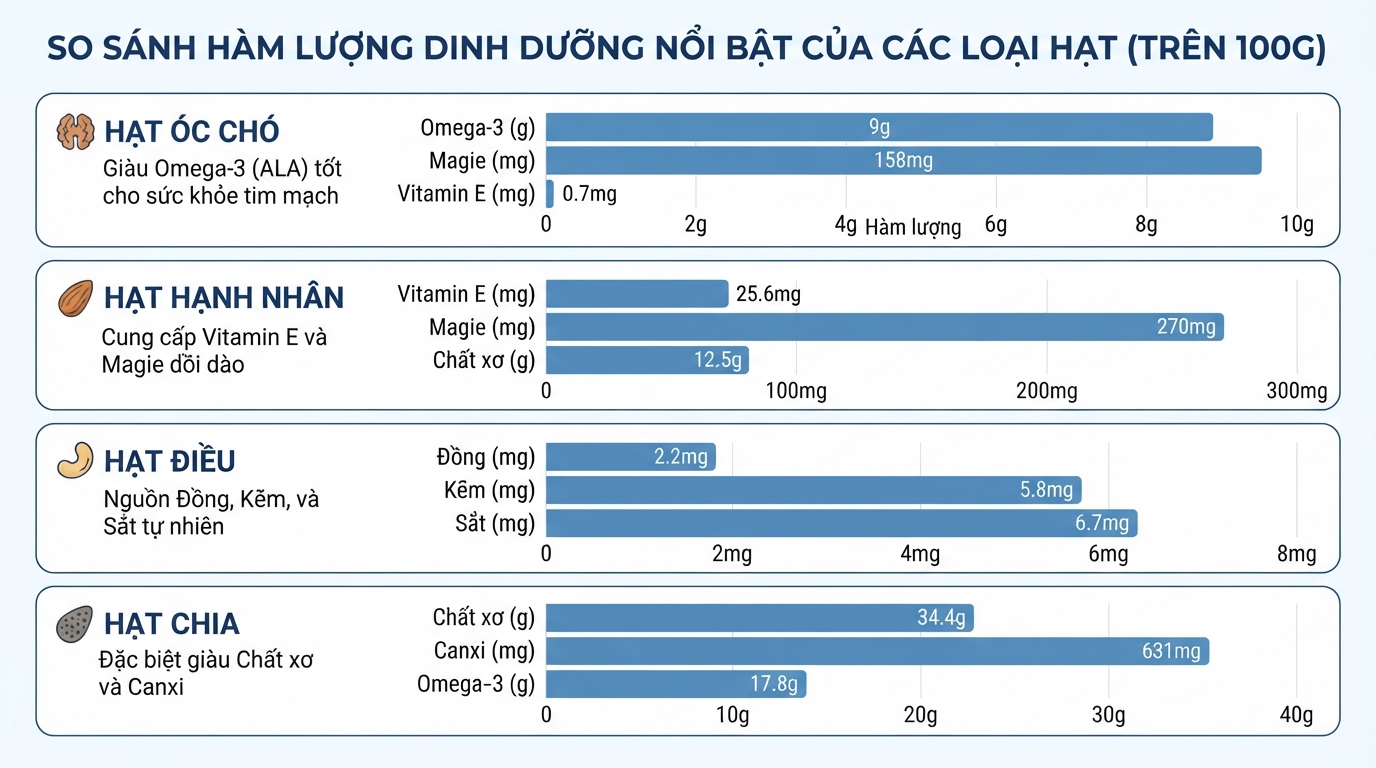 Bảng so sánh hàm lượng dinh dưỡng của các loại hạt phổ biến theo USDA.