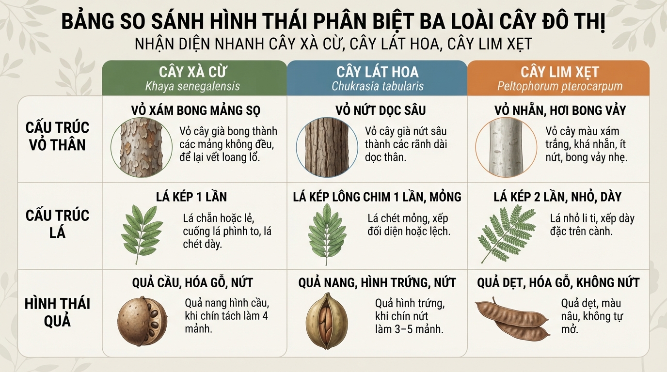 Bảng so sánh hình thái chi tiết giúp phân biệt chính xác ba loài cây đô thị.