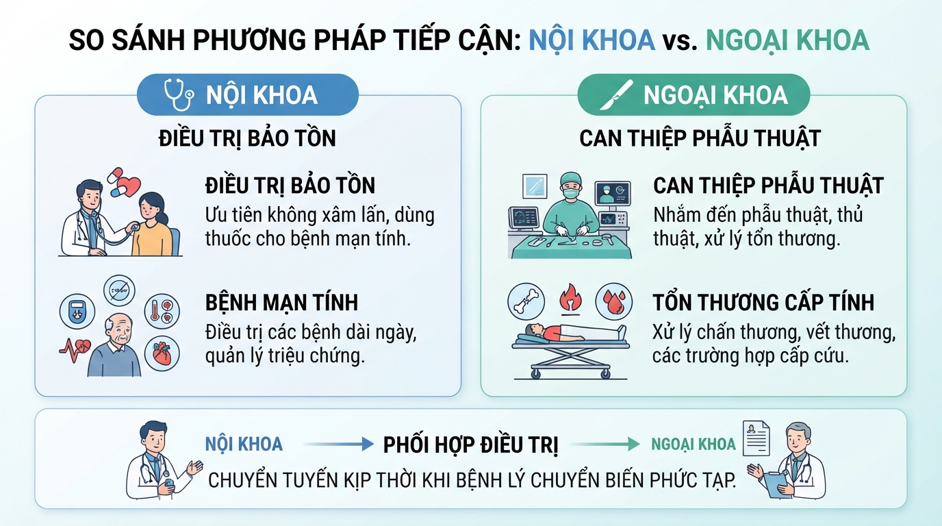 Bảng so sánh phương pháp tiếp cận giữa nội khoa và ngoại khoa.
