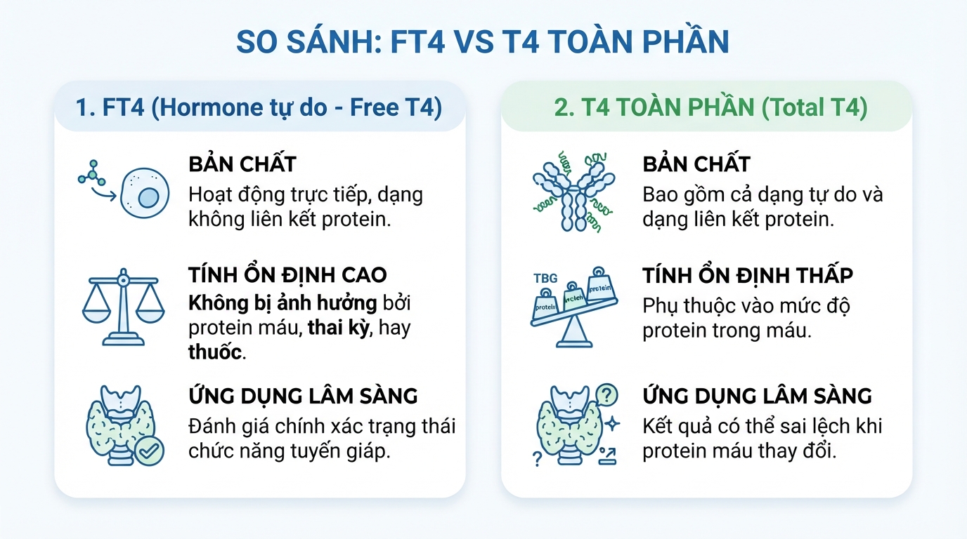 Bảng so sánh tính ổn định và ứng dụng lâm sàng giữa FT4 và T4 toàn phần.