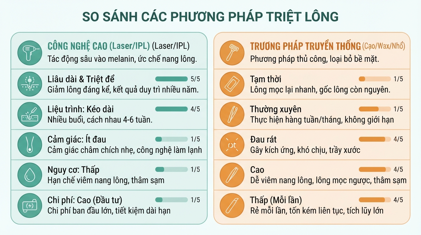 Bảng so sánh ưu nhược điểm các kỹ thuật triệt lông phổ biến hiện nay.