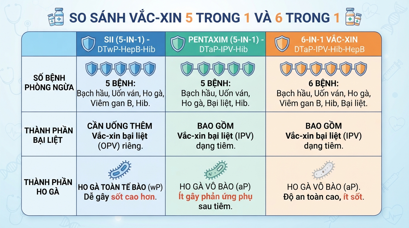 Bảng so sánh vacxin 5 trong 1 và 6 trong 1 có gì khác nhau.