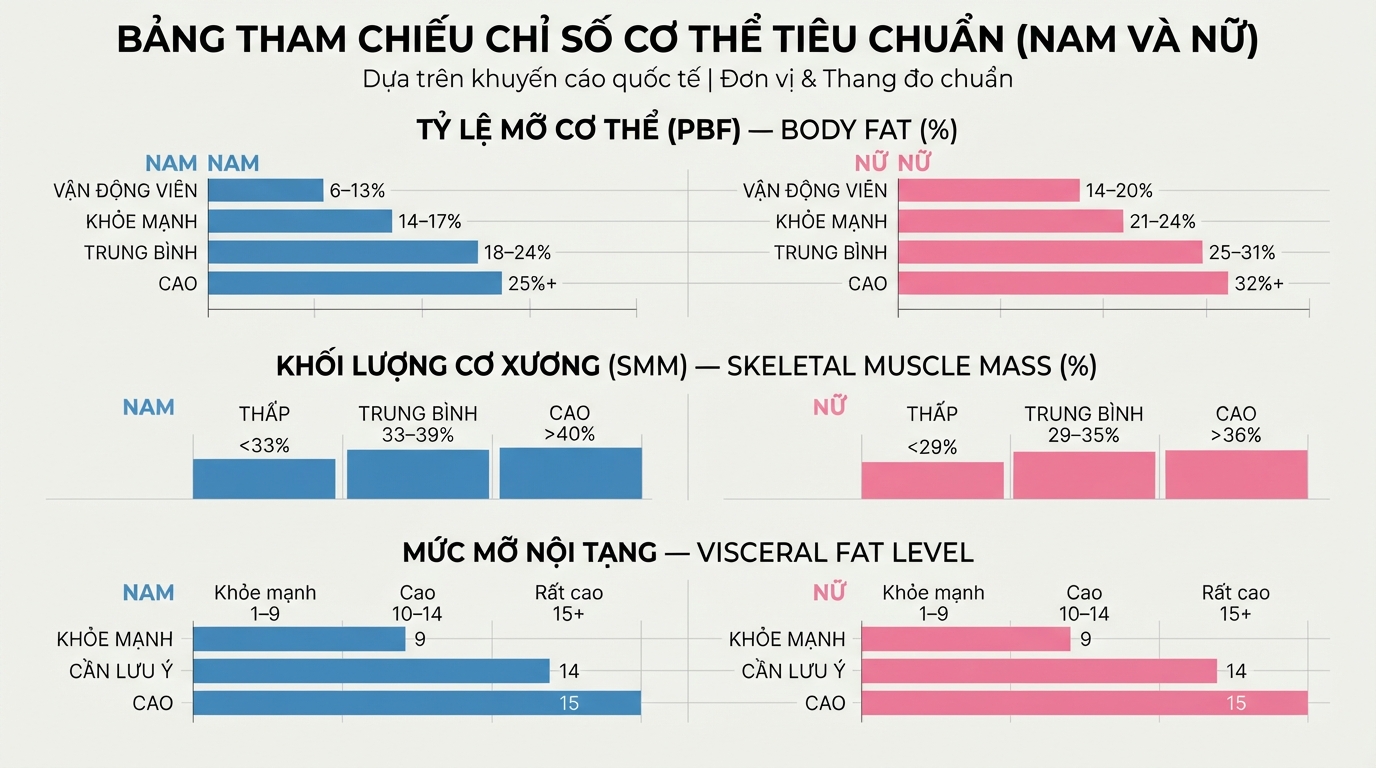 Bảng tham chiếu tỷ lệ mỡ và cơ bắp tiêu chuẩn cho nam và nữ theo khuyến cáo quốc tế.