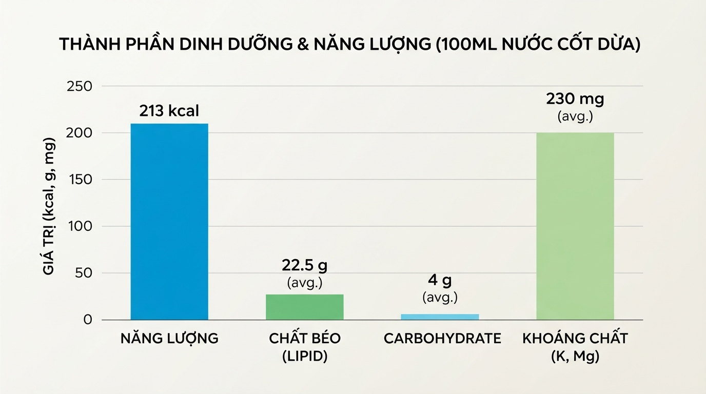 Bảng thành phần dinh dưỡng và mức năng lượng trong 100ml nước cốt dừa.