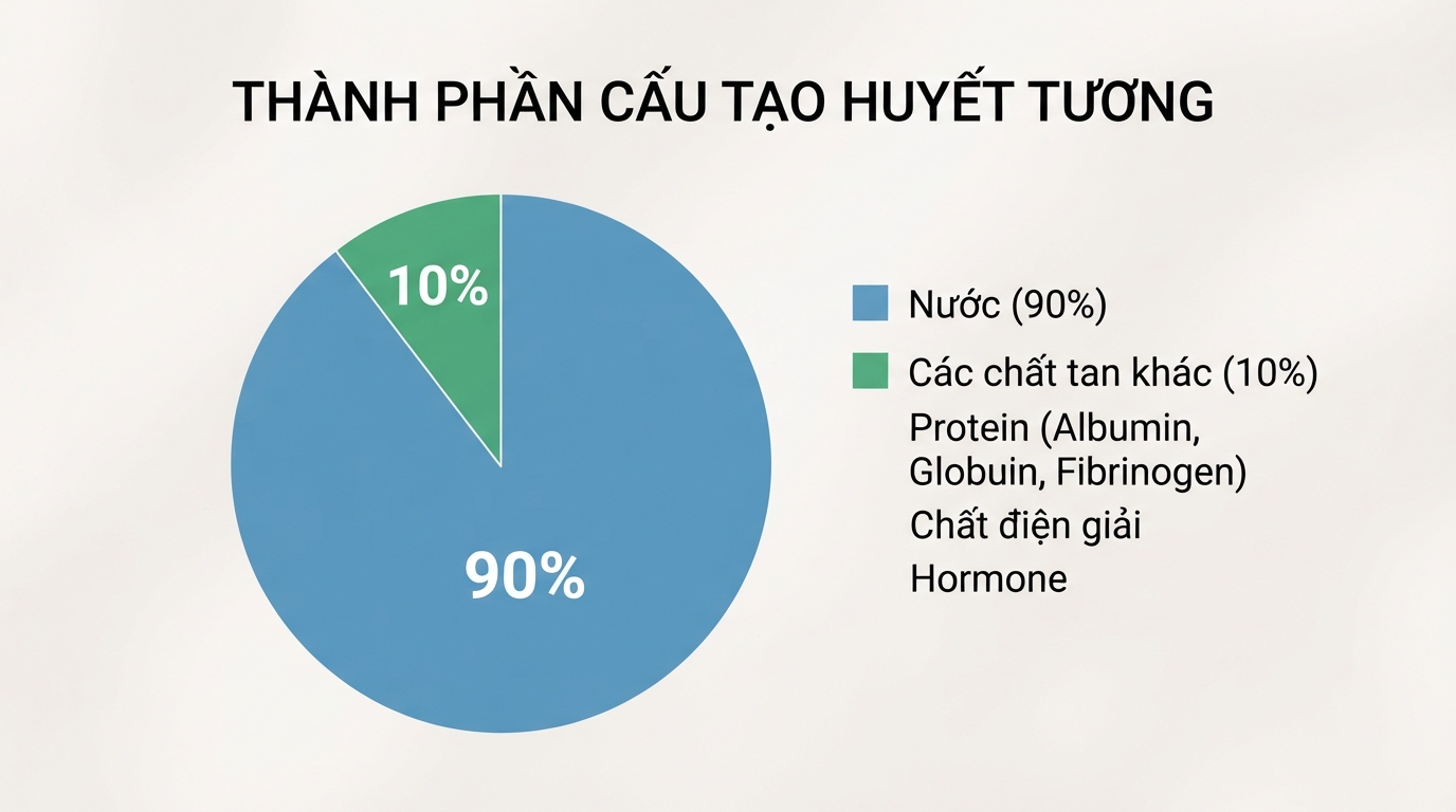 Biểu đồ tỷ lệ nước 90% và các protein quan trọng trong thành phần cấu tạo huyết tương.