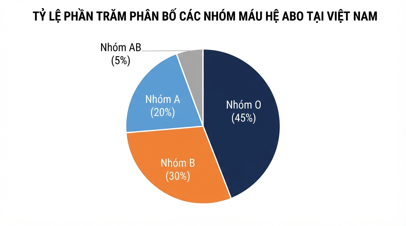 Biểu đồ tỷ lệ phần trăm phân bố các nhóm máu hệ ABO tại Việt Nam.