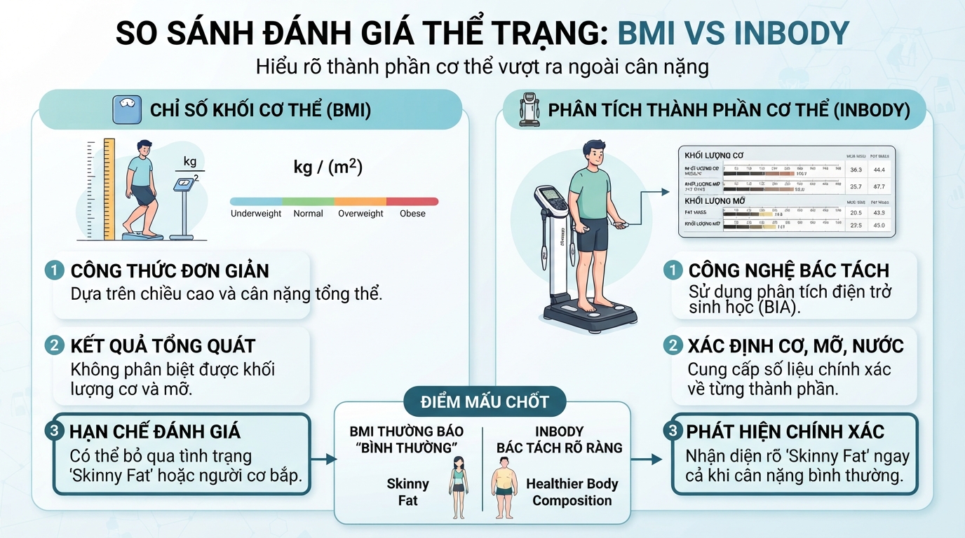 BMI chỉ tính trọng lượng tổng quát trong khi InBody bóc tách chi tiết tỷ lệ mỡ và cơ.
