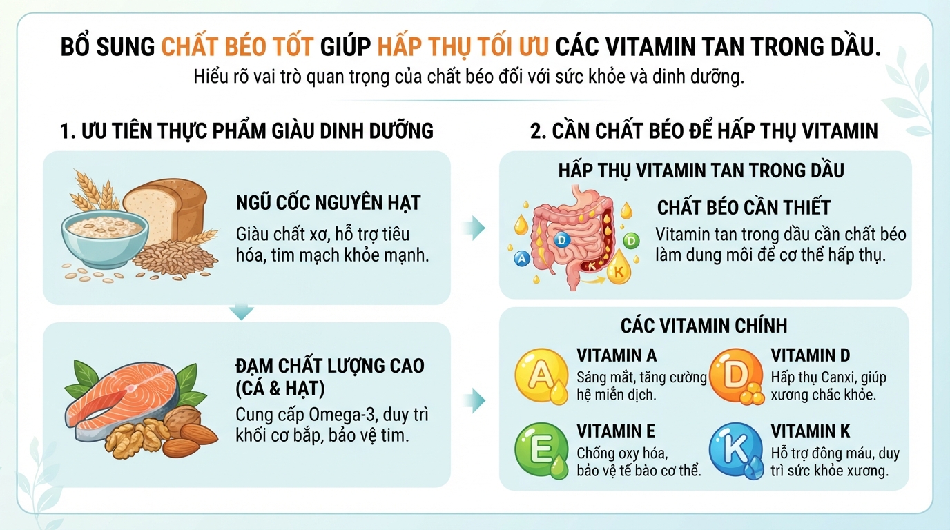 Bổ sung chất béo tốt giúp hấp thụ tối ưu các vitamin tan trong dầu.