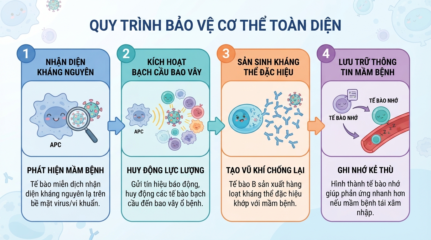 Bốn bước nhận diện và tiêu diệt tác nhân gây bệnh giúp bảo vệ cơ thể toàn diện.