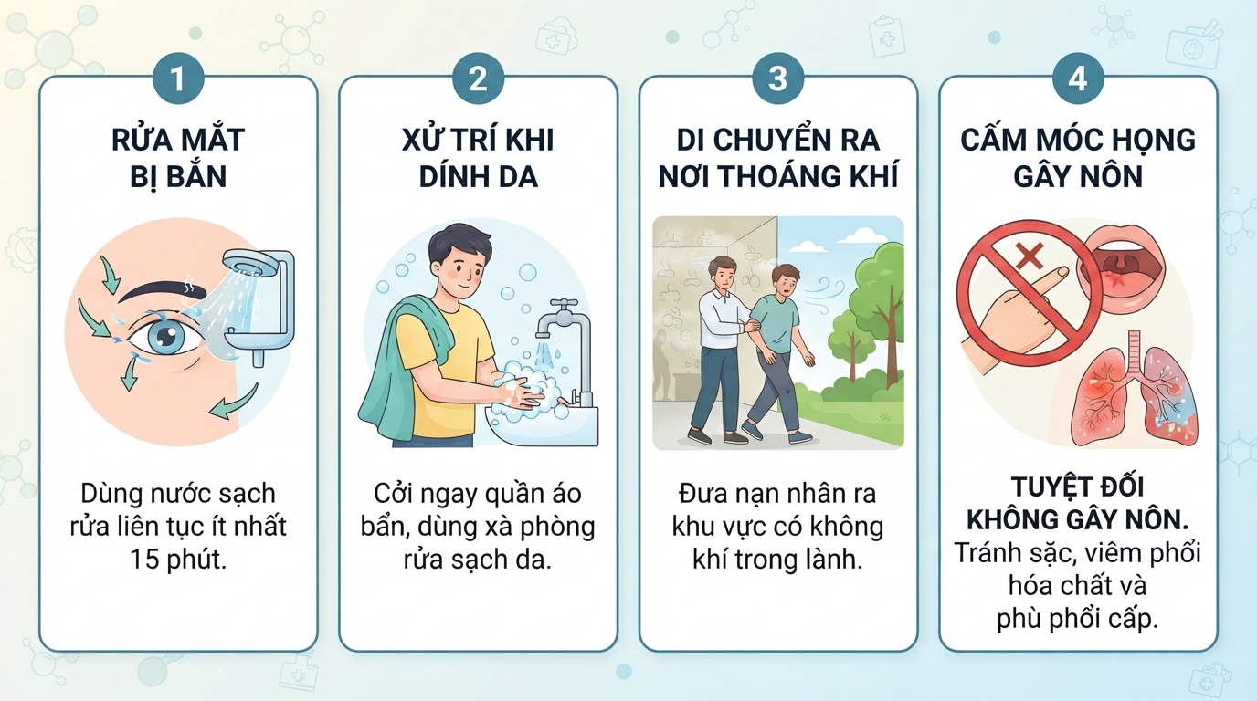 Bốn bước xử trí sơ cứu y tế đúng cách khi xảy ra ngộ độc dung môi.