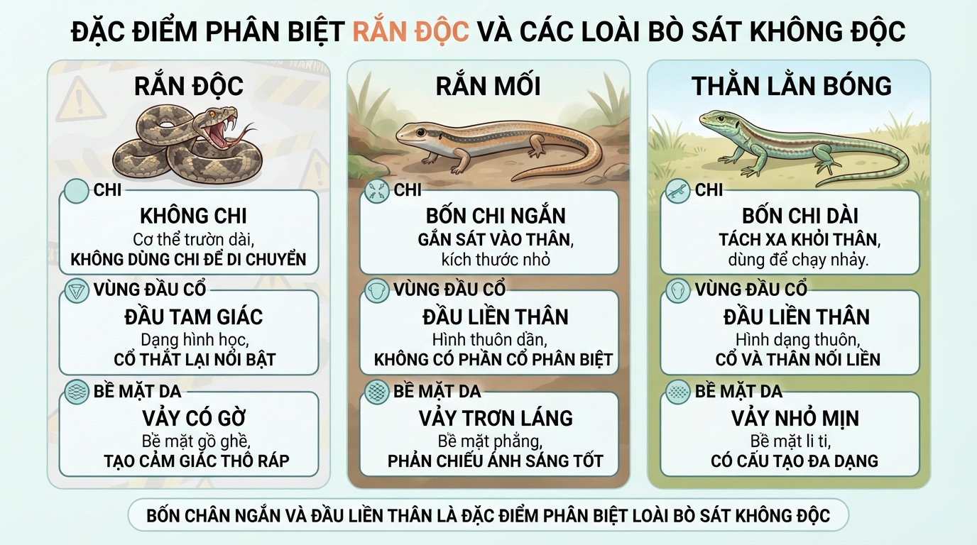 Bốn chân ngắn và đầu liền thân là đặc điểm phân biệt không độc.