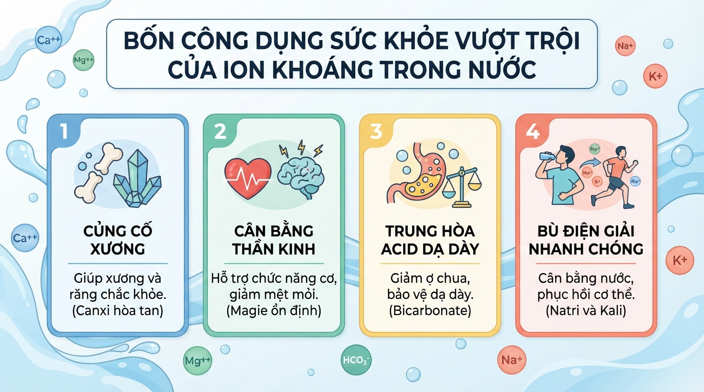 Bốn công dụng sức khỏe vượt trội của các ion khoáng hòa tan trong nước.