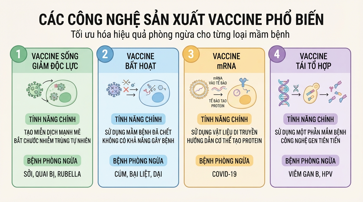 Bốn loại công nghệ sản xuất phổ biến giúp tối ưu hóa hiệu quả phòng ngừa cho từng loại mầm bệnh.