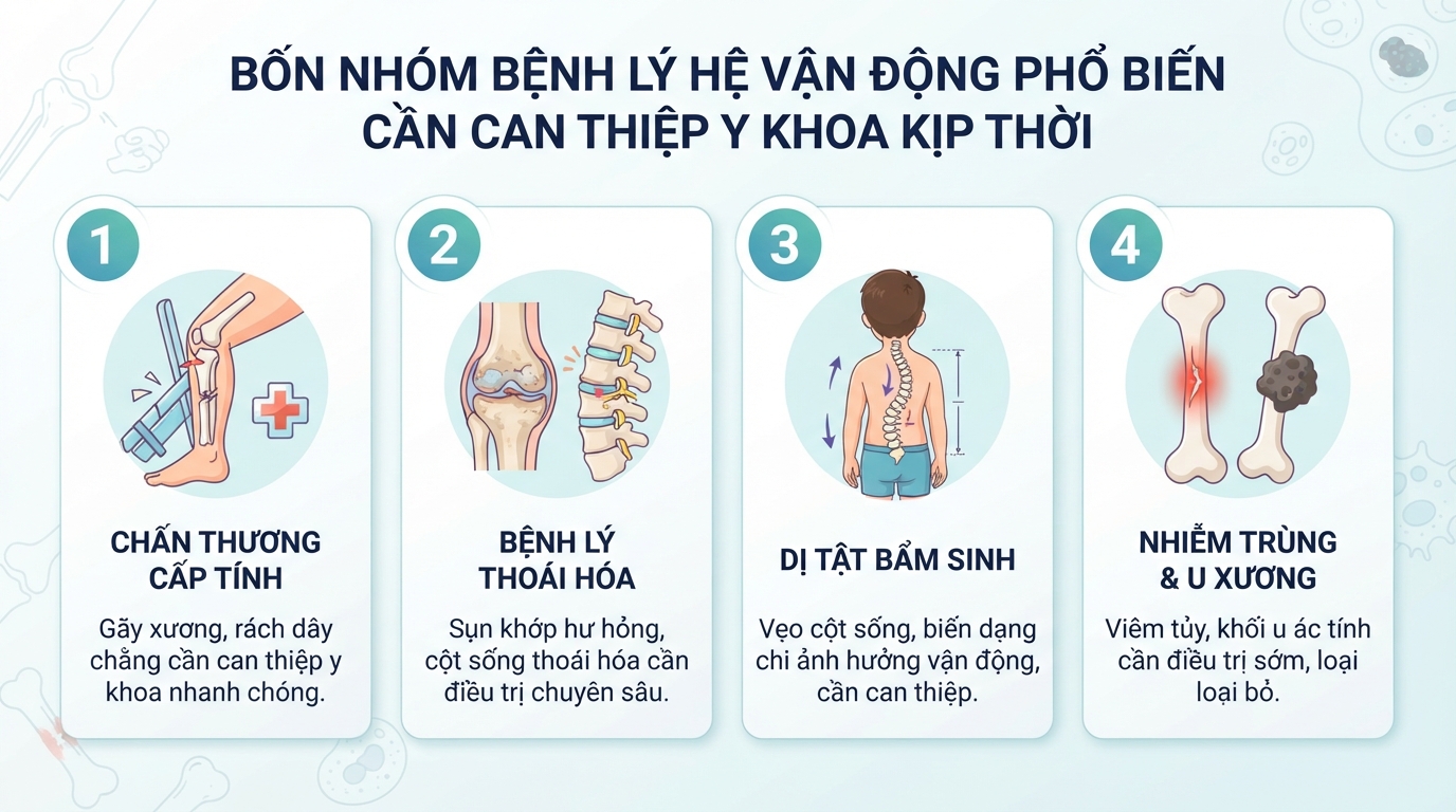 Bốn nhóm bệnh lý hệ vận động phổ biến cần can thiệp y khoa kịp thời.