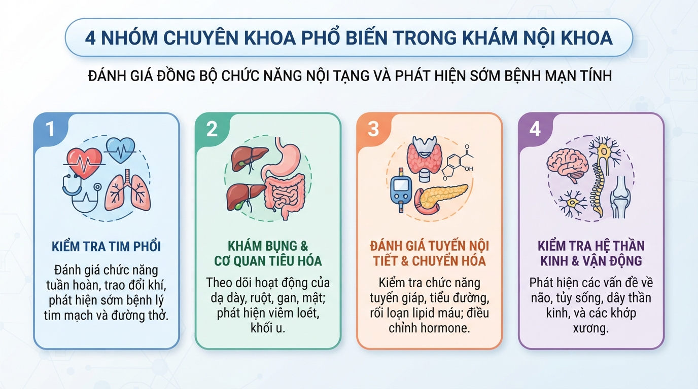 Bốn nhóm chuyên khoa phổ biến được kiểm tra trong khám nội khoa.
