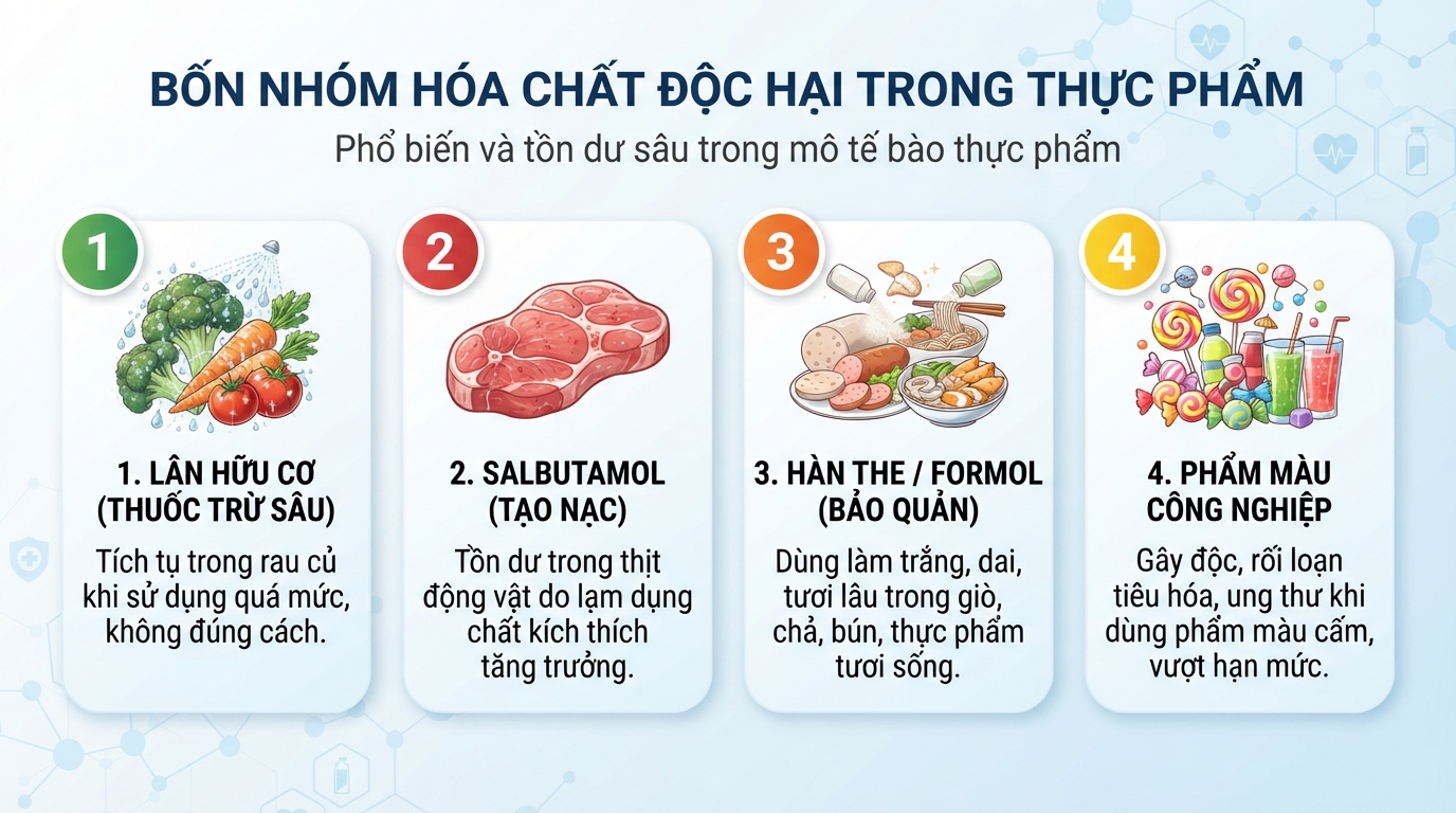 Bốn nhóm hóa chất độc hại phổ biến thường tồn dư sâu trong các mô tế bào thực phẩm.