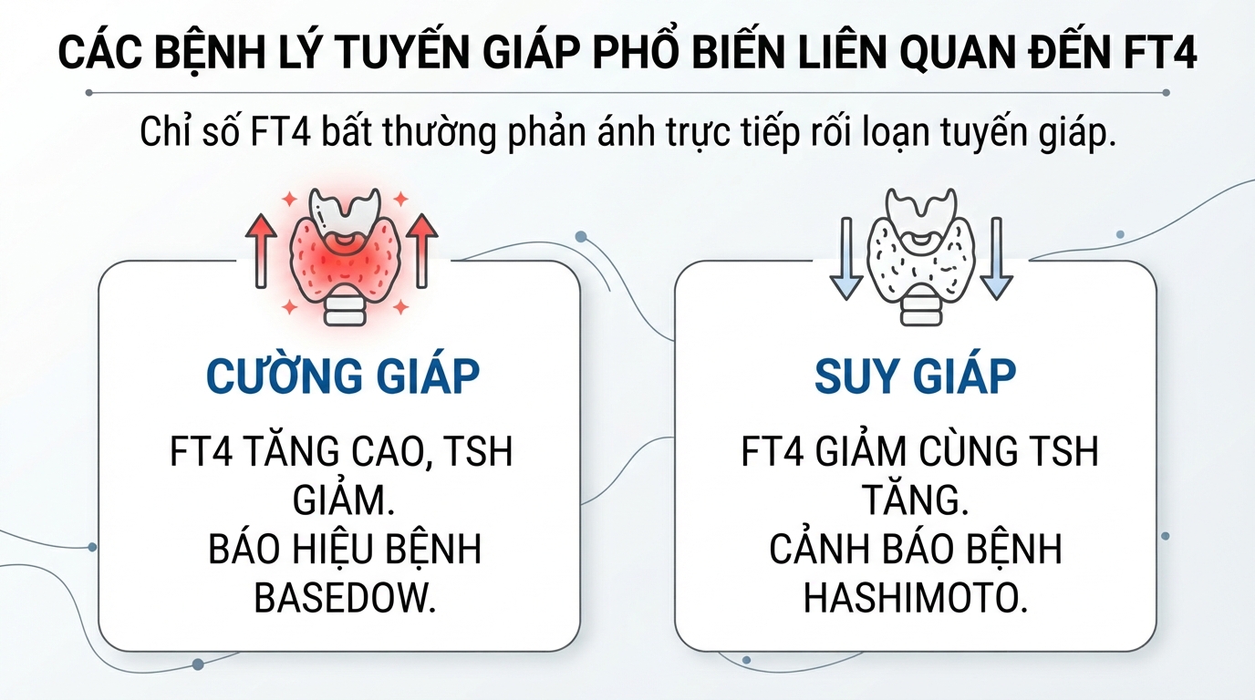 Các bệnh lý tuyến giáp phổ biến liên quan đến sự biến động tăng giảm của FT4.