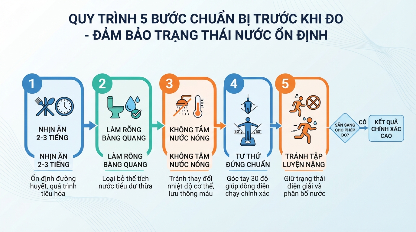 Các bước chuẩn bị trước khi đo giúp đảm bảo trạng thái nước trong cơ thể ổn định nhất.