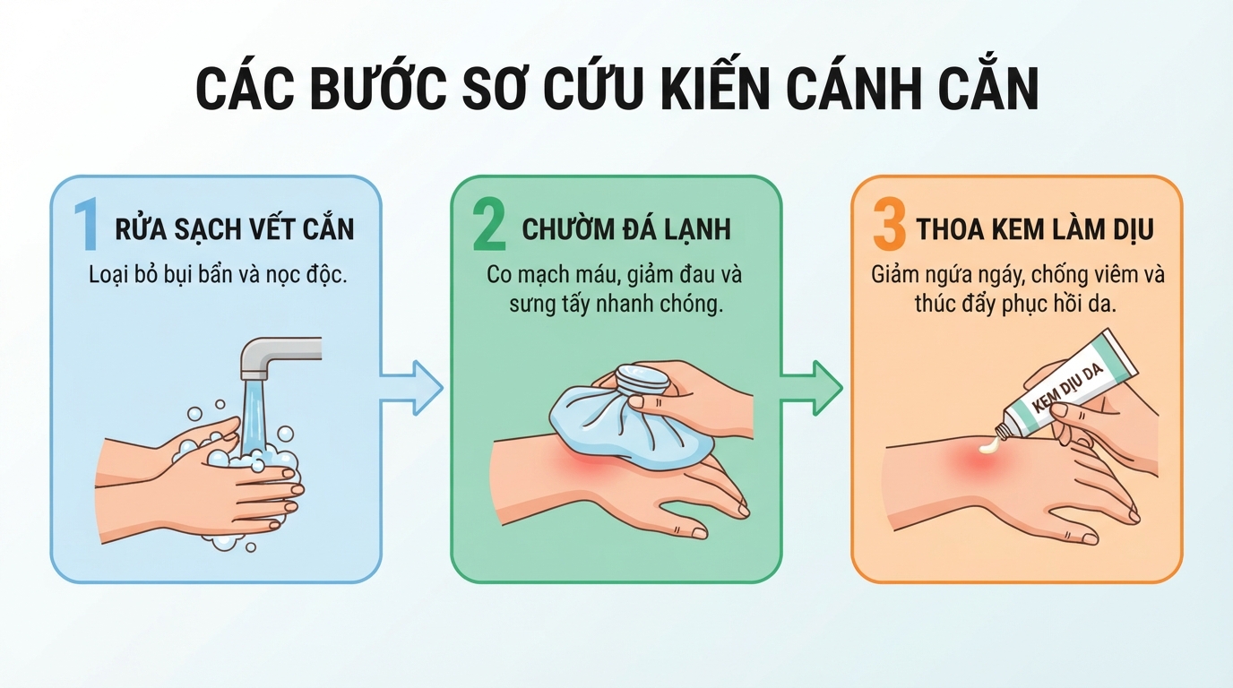 Các bước sơ cứu chuẩn y khoa giúp giảm sưng tấy nhanh chóng khi bị kiến cánh cắn.
