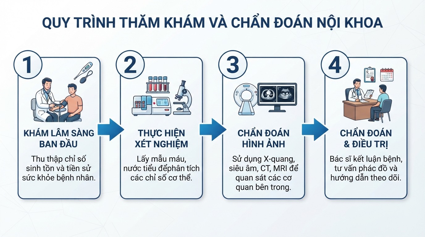 Các bước tuần tự trong quy trình thăm khám và chẩn đoán nội khoa.