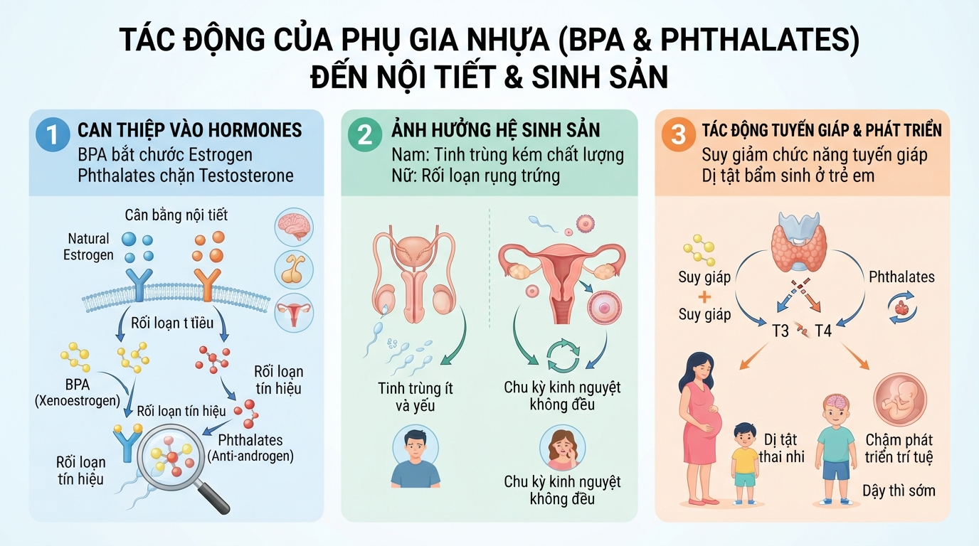 Các chất phụ gia BPA và Phthalates trong nhựa có thể gây rối loạn nội tiết và hệ sinh sản.