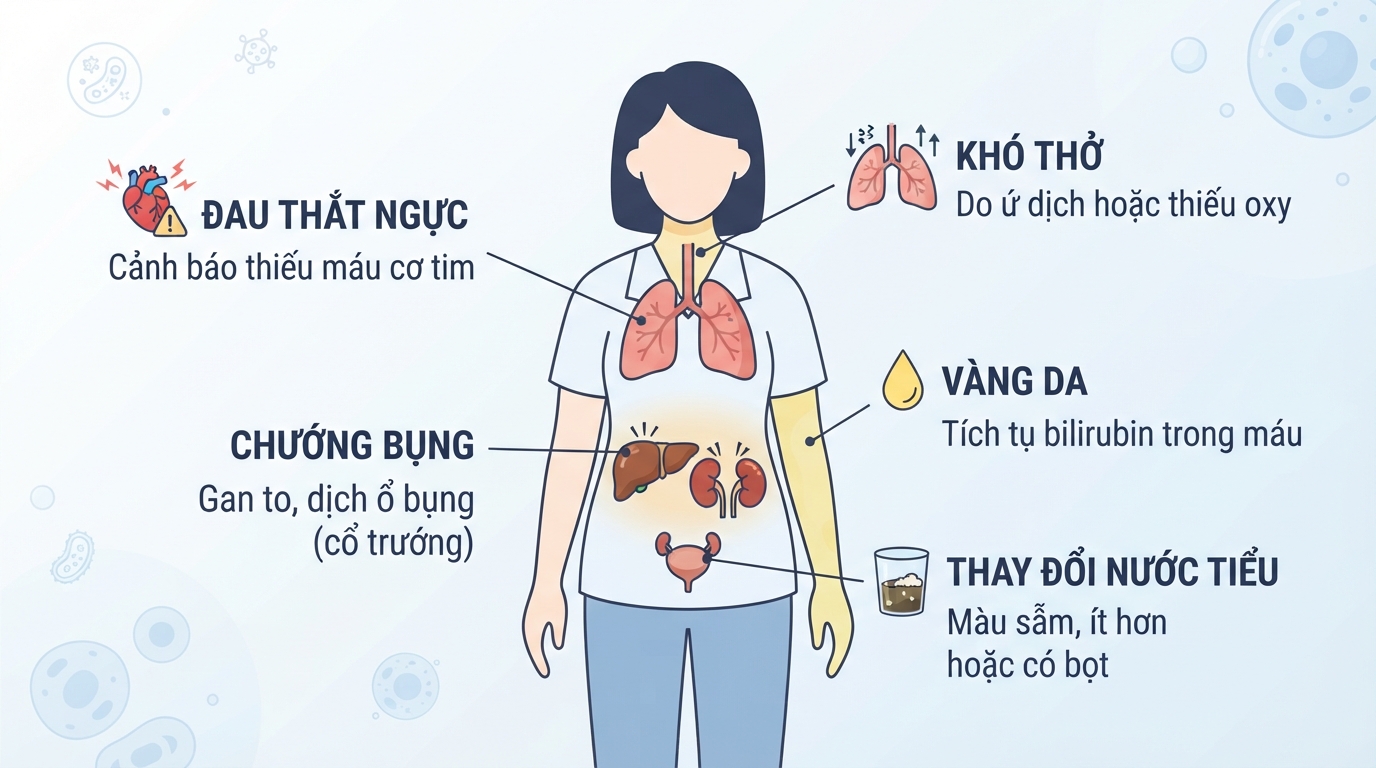 Các chỉ dấu lâm sàng cảnh báo sự suy giảm chức năng tại gan và thận.