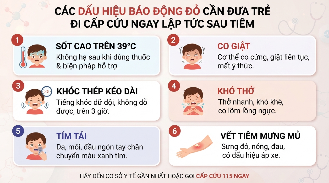 Các dấu hiệu báo động đỏ cần đưa trẻ đi cấp cứu ngay lập tức sau tiêm.