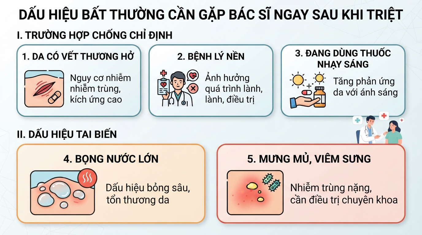 Các dấu hiệu bất thường cần đến gặp bác sĩ ngay sau khi triệt.