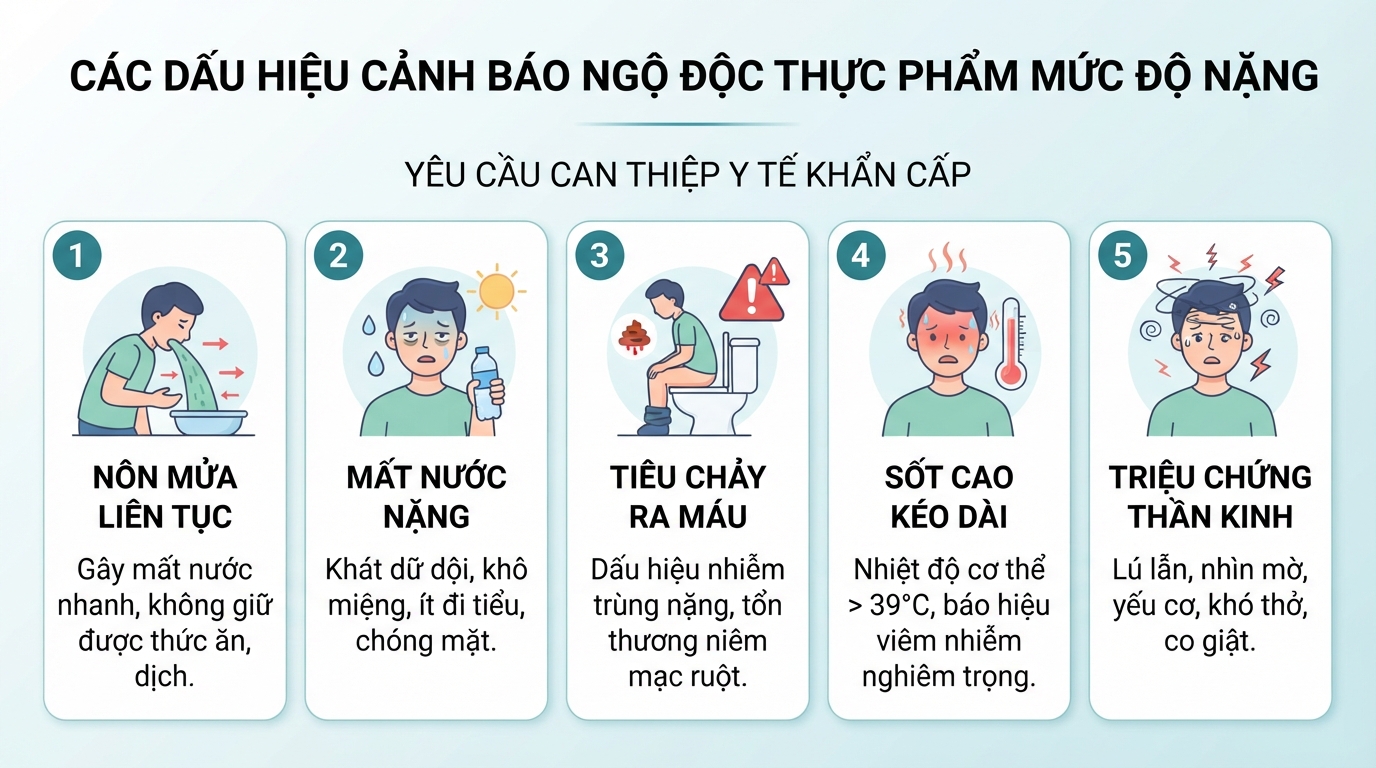 Các dấu hiệu cảnh báo ngộ độc thực phẩm mức độ nặng yêu cầu can thiệp y tế khẩn cấp.