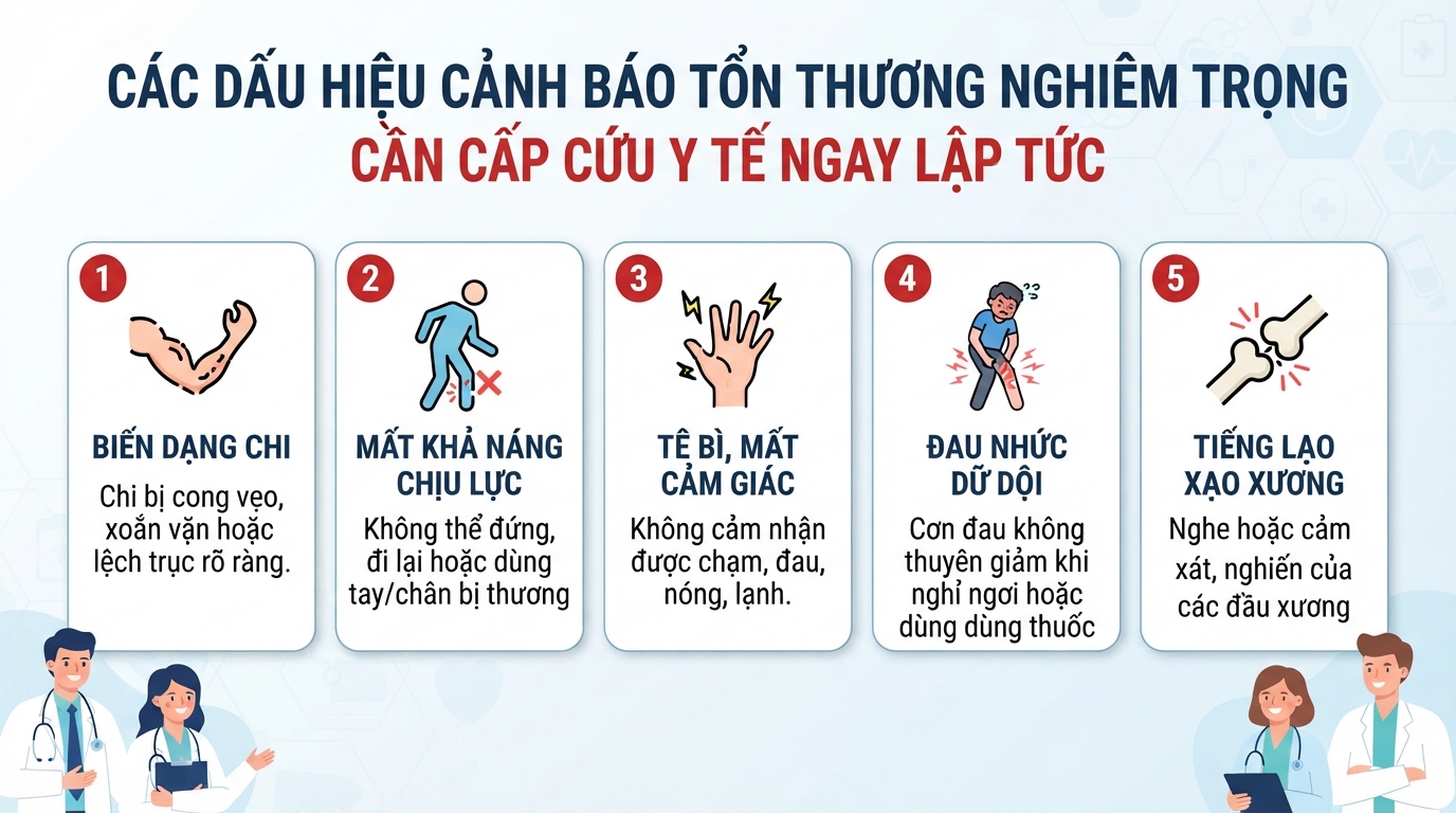 Các dấu hiệu cảnh báo tổn thương nghiêm trọng cần cấp cứu y tế ngay lập tức.