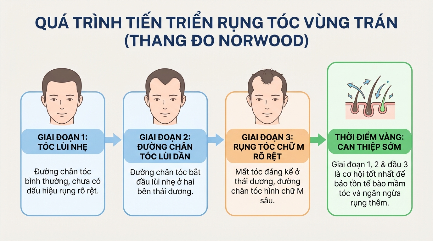 Các giai đoạn tiến triển của rụng tóc vùng trán theo thang đo Norwood chuẩn y khoa.