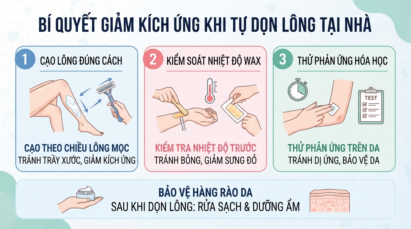 Các lưu ý quan trọng giúp giảm kích ứng khi tự dọn lông tại nhà.