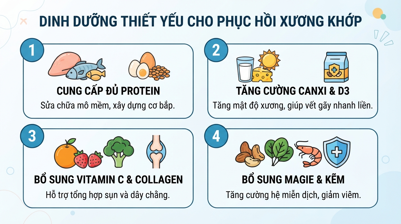 Các nhóm dưỡng chất thiết yếu hỗ trợ quá trình can xương và tái tạo mô mềm.