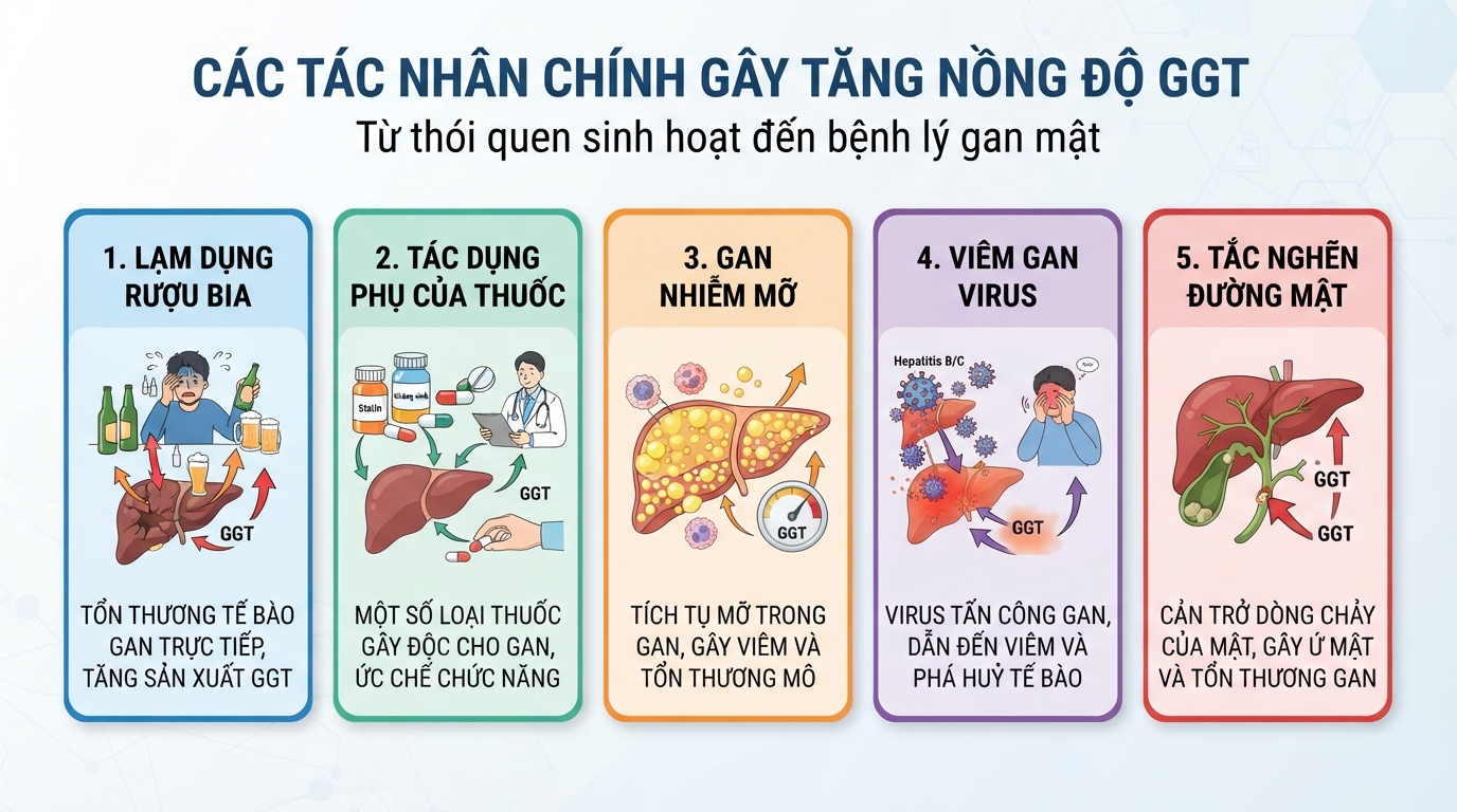 Các tác nhân chính gây tăng nồng độ GGT từ thói quen sinh hoạt đến bệnh lý gan mật.
